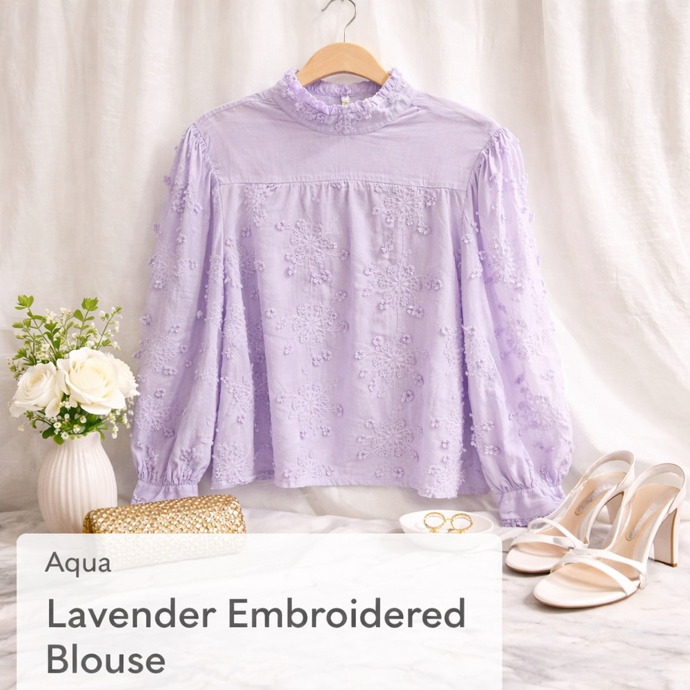 Aqua Embroidered Floral Snowflakes Lavender Mock Neck Blouse